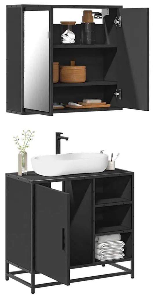 vidaXL 2 pcs conjunto móveis casa de banho derivados de madeira preto