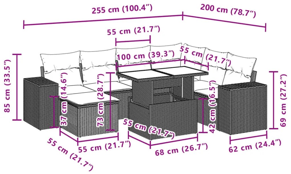 8 pcs conjunto sofás de jardim c/ almofadões vime PE cinzento