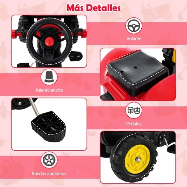 Trator escavadora de brincar com 6 rodas, pedais e reboque de carga desmontável para crianças dos 3 aos 6 anos