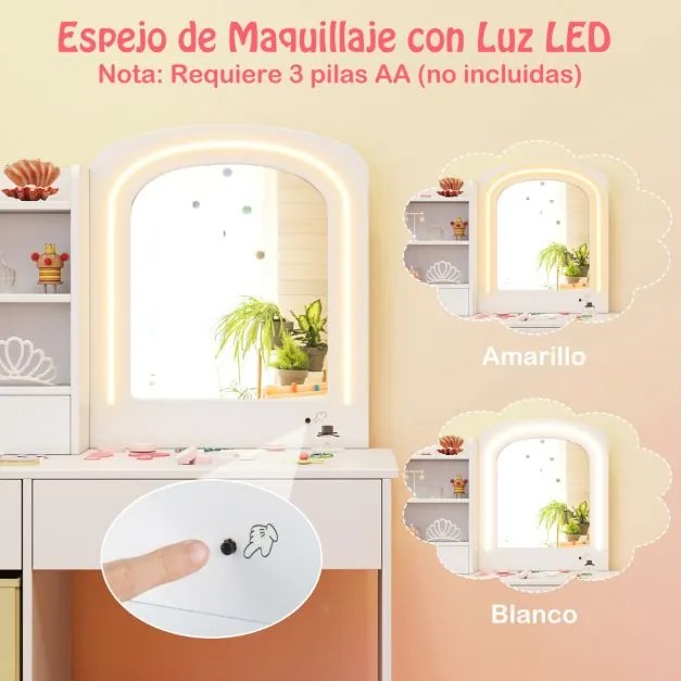 Conjunto de Toucador para Crianças com Espelho Iluminado para Princesas com Luzes Branco