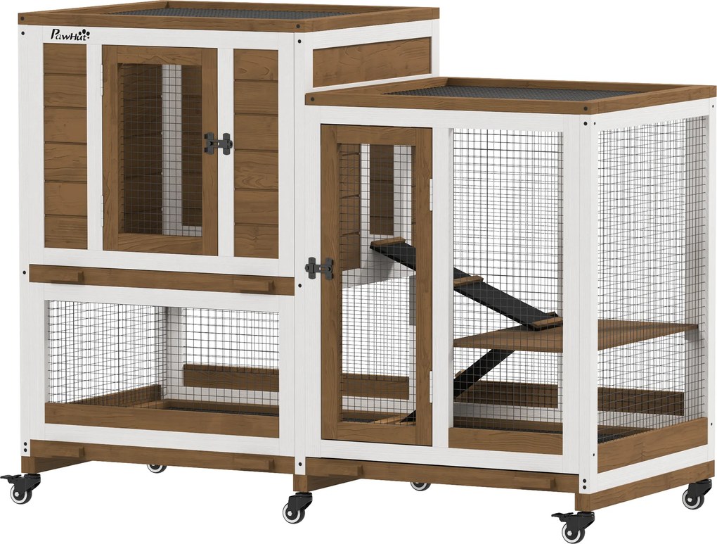 Coelheira de Madeira Interior Gaiola para Coelhos de 2 Níveis com Rodas 2 Rampas 3 Bandejas Amovíveis 110x50x86 cm Castanho