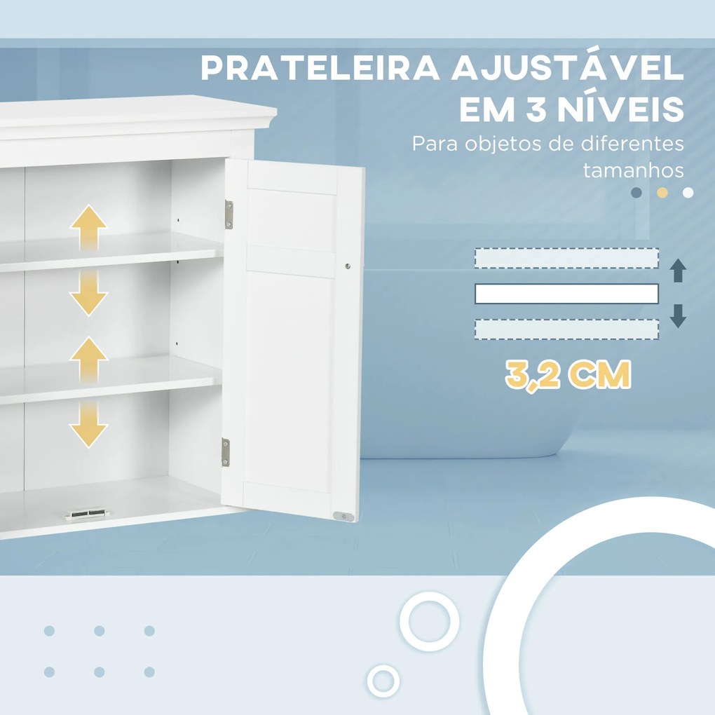 Armário Casa de Banho de Parede com Prateleiras Ajustáveis e Portas com Fechadura Magnéticas 58x24x60 cm Branco