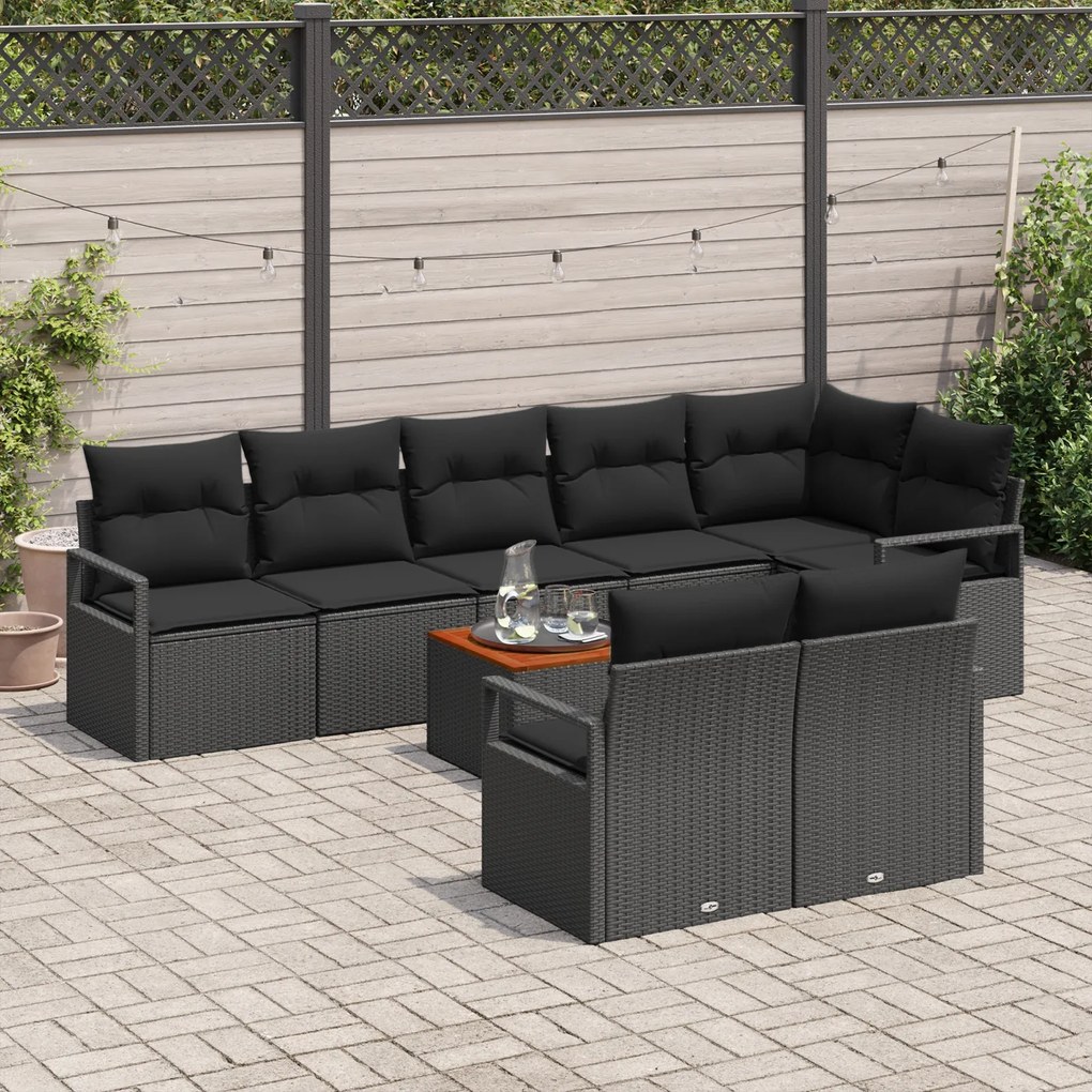 Conjunto de Sofá de Jardim vidaXL 9 Peças com Almofadas Preto Rattan P