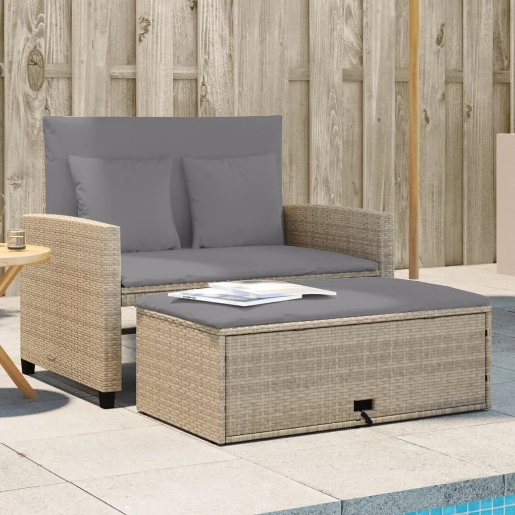 vidaXL Sofá de jardim de 2 lugares com almofadões vime PE bege