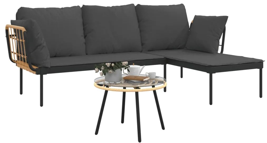 3pcs conjunto lounge jardim c/ almofadões cinza-escuros vime PE