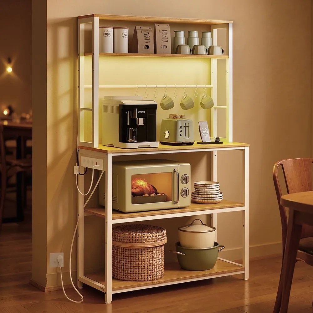 Armário de cozinha com iluminação LED 40 x 80 x 168,4 cm, com tomadas e prateleiras ajustáveis branco com acabamento em cor carvalho