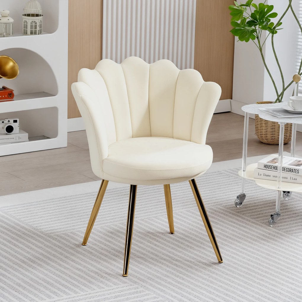 Poltrona em forma de concha, cadeira de Toucador, poltrona de veludo, poltrona de sala com pés em metal dourado bege