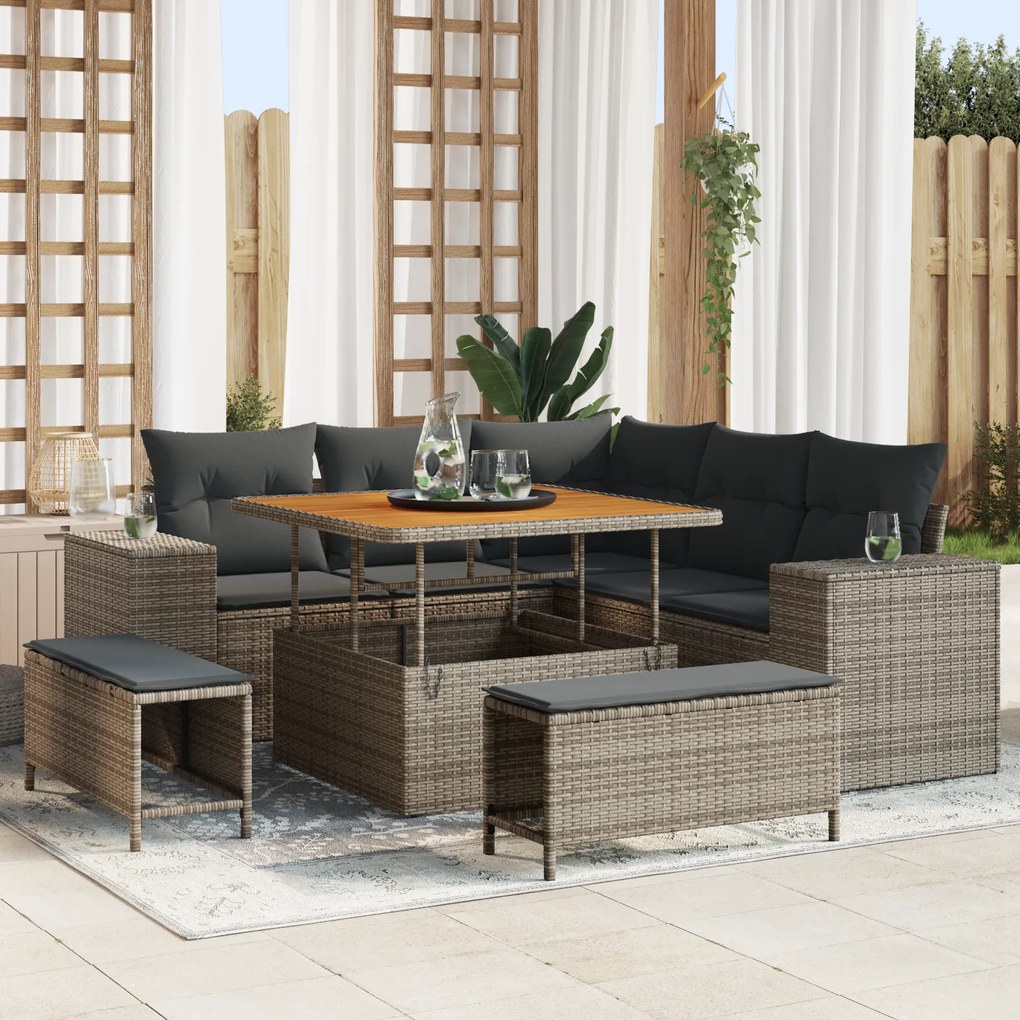 Conjunto de Sofás de Jardim de 8 Peças com Almofadas Cinza em Rattan P