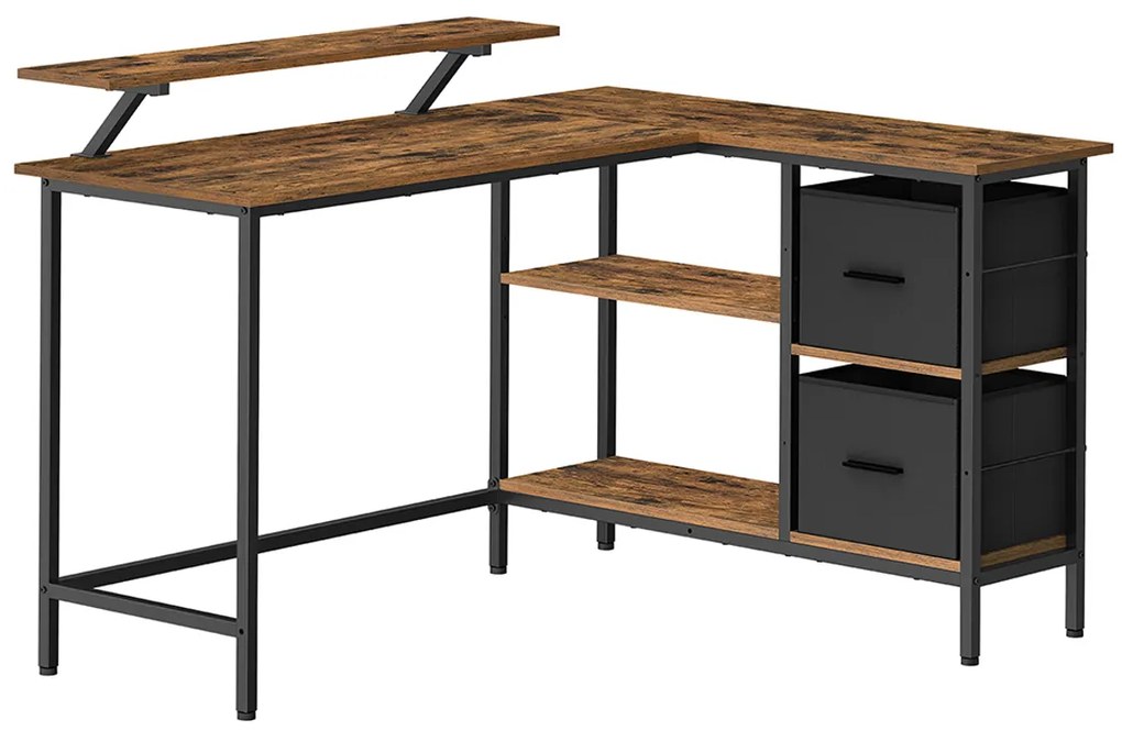 Secretária em L com gavetas e apoio para monitor. | VASAGLE | 135 x 105 x 89,5 cm | castanho rústico | LWD098B01.