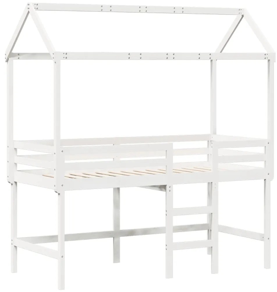 Cama alta c/ escada e telhado 80x200 cm pinho maciço branco
