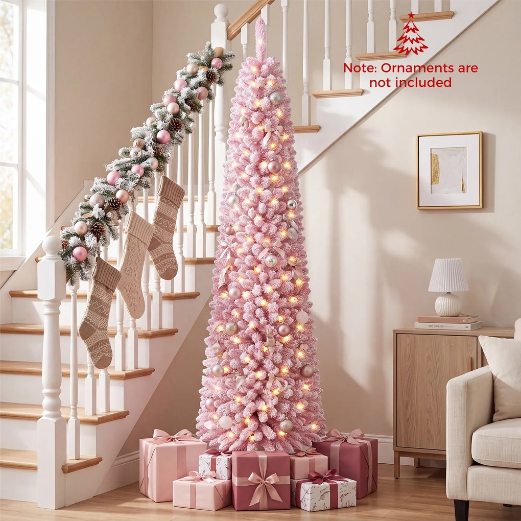 Árvore de Natal Artificial Tipo Lápis, 50 x 50 x 210 cm, Iluminação LED Integrada, Rosa
