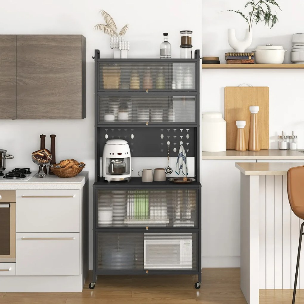 Armário de cozinha 80 x 40 x 178 cm com 6 níveis com prateleiras Portas basculantes Bancada para micro-ondas Cinzento