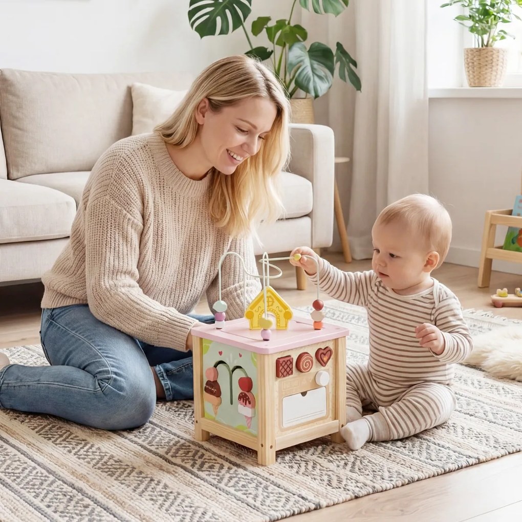Cubo de atividades de madeira Montessori Brinquedos sensoriais educativos para bebés a partir dos 18 meses