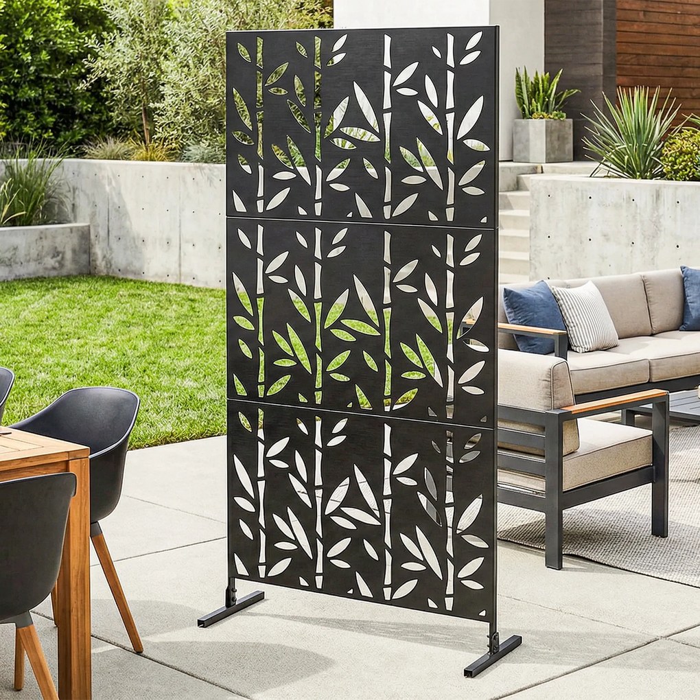 Biombo decorativo de proteção visual para exterior 92 x 40 x 192 cm, claustra decorativa para jardim, 3 painéis com padrão de bambu em metal, preto