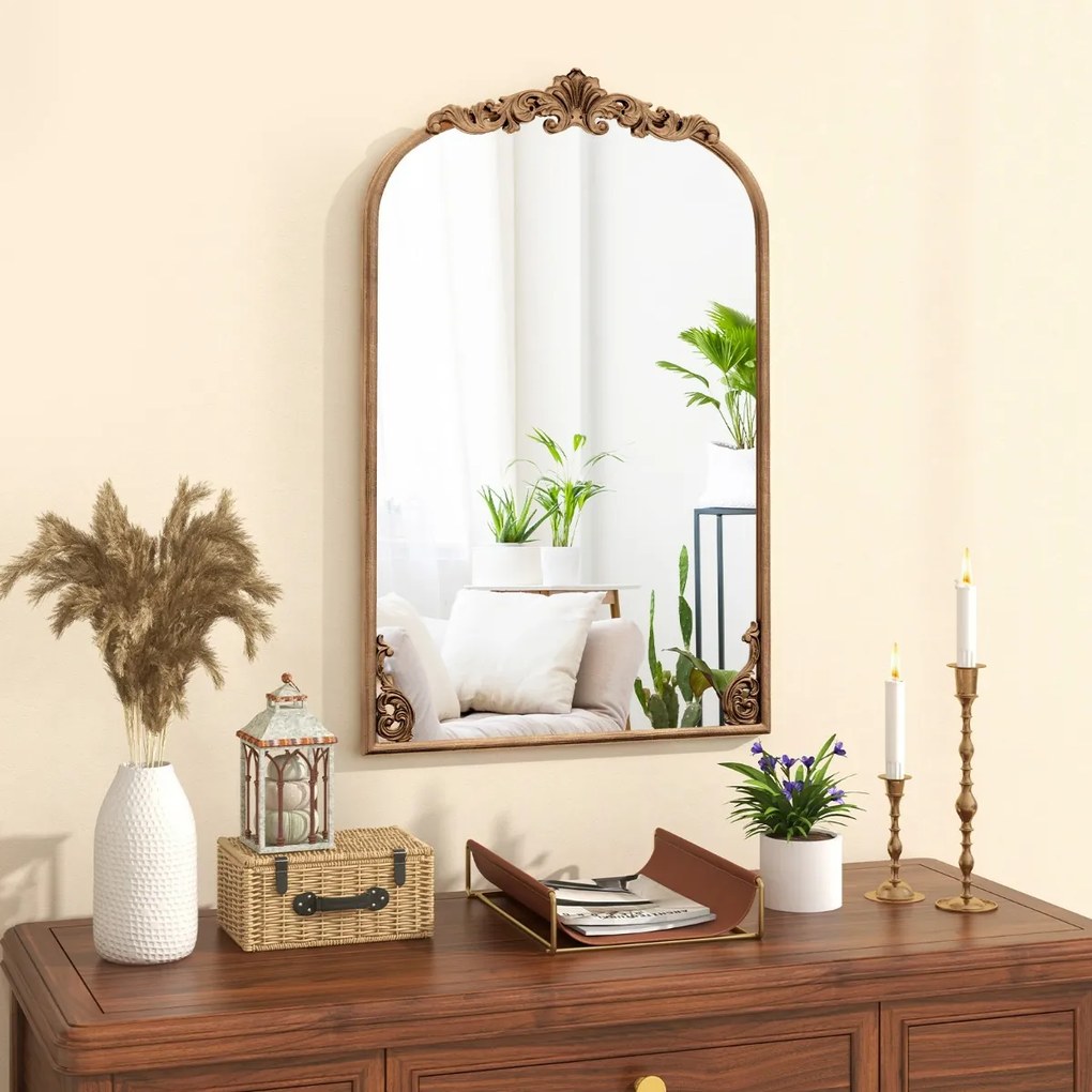 Espelho Curvo para Parede 76 x 51 cm Barroco Ornamentado Tradicional Vintage Dourado com Moldura de Metal Dourado