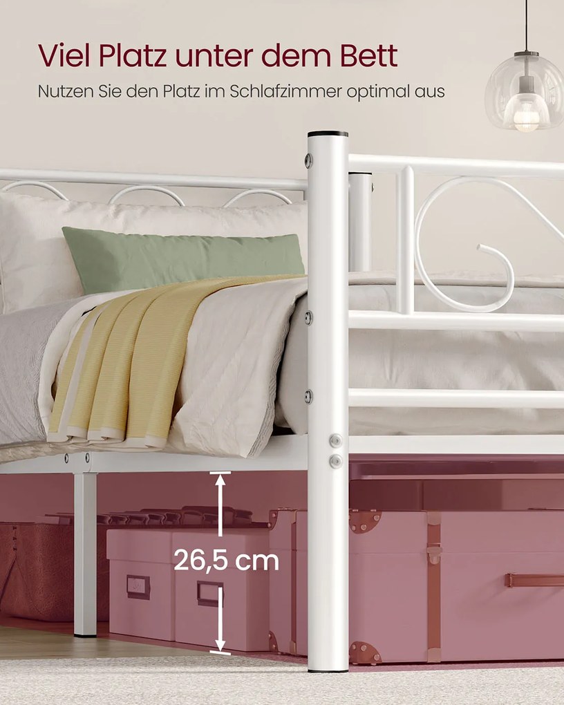 Cama 90 x 200 cm em metal (colchão não incluido), montagem simples, branco mate