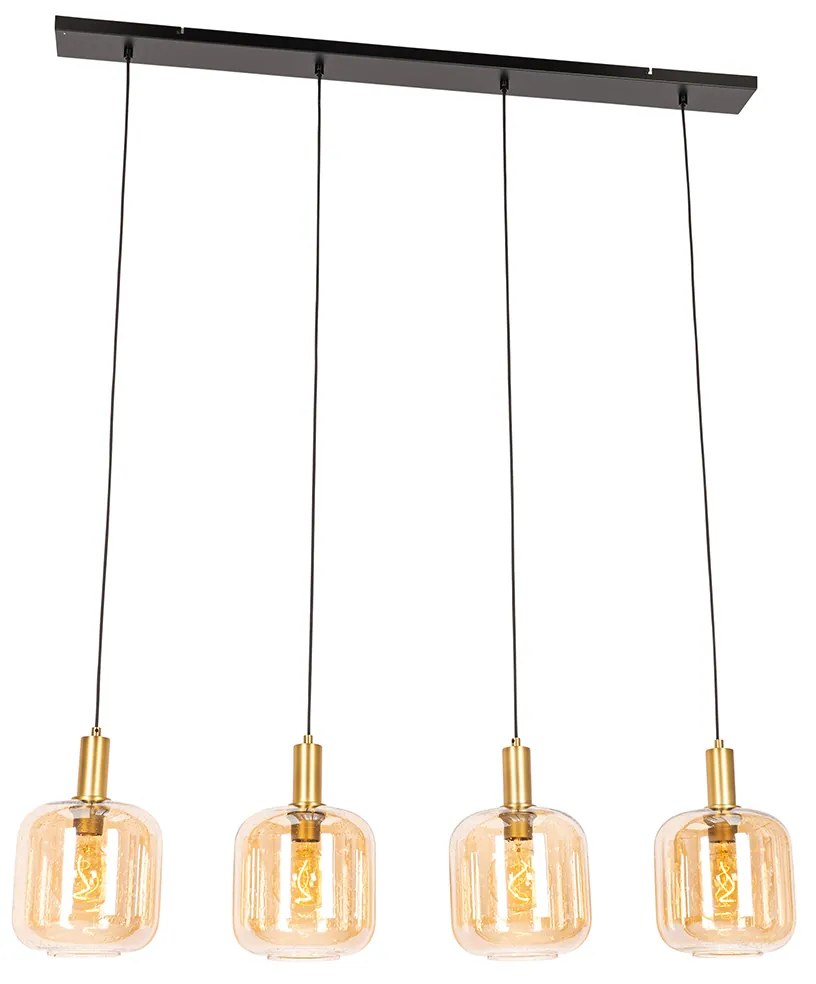LED Candeeiro suspenso inteligente preto com latão e vidro âmbar 4 luzes incluindo 4 Wifi G95 - Zuzanna