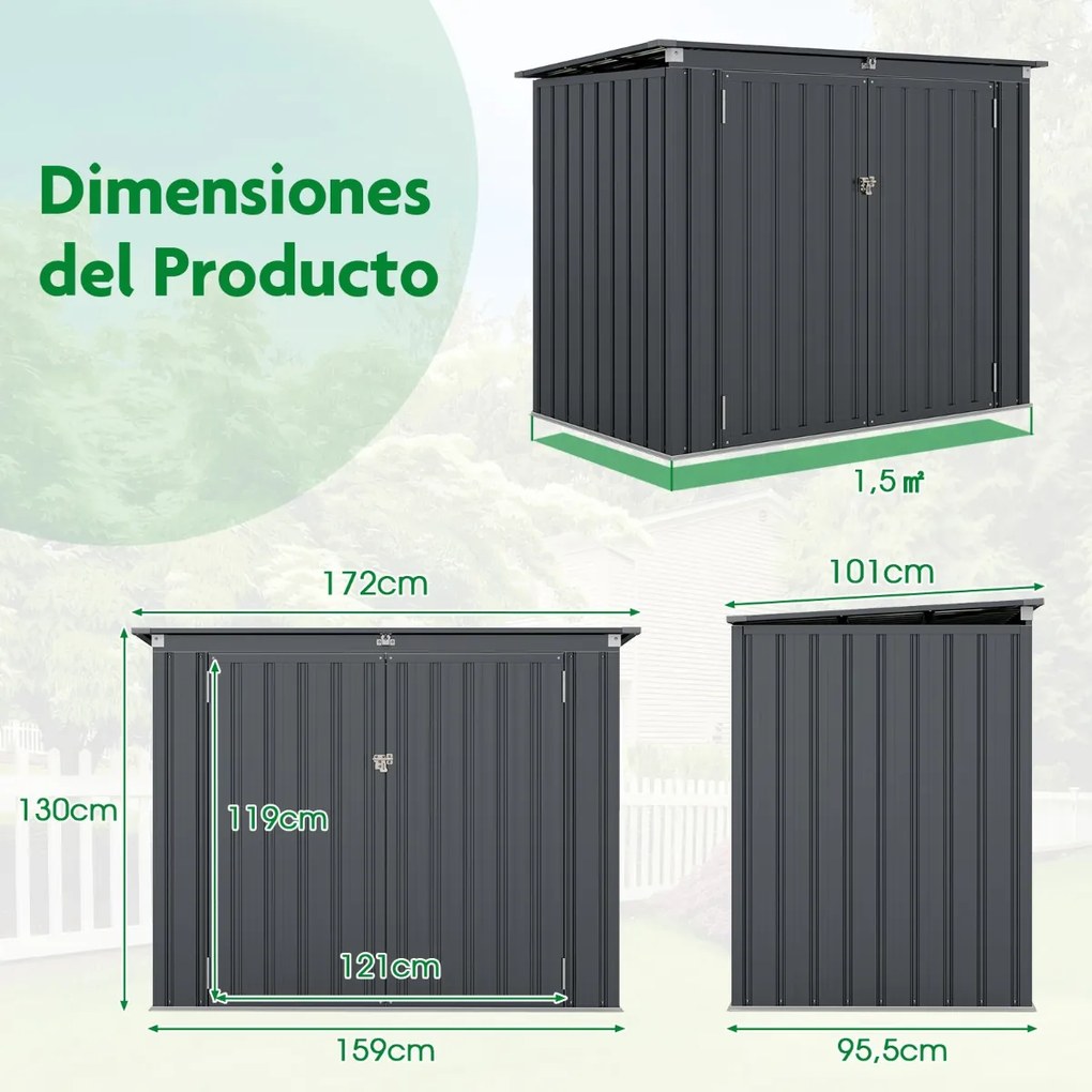 Abrigo de jardim exterior com fechadura com aberturas duplas 2 portas Estrutura metálica galvanizada Cinzento