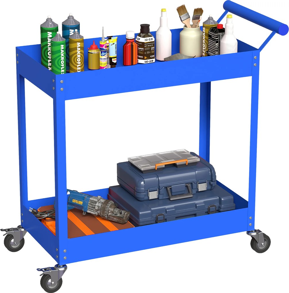 Carrinho de oficina com 2 níveis, pega lateral e rodas bloqueáveis, 84,5 x 38 x 84 cm, azul