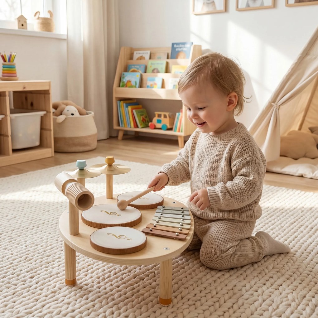 Conjuntos de tambores para bebés, tambor para bebés com xilofone para crianças pequenas, instrumentos musicais de madeira, naturais
