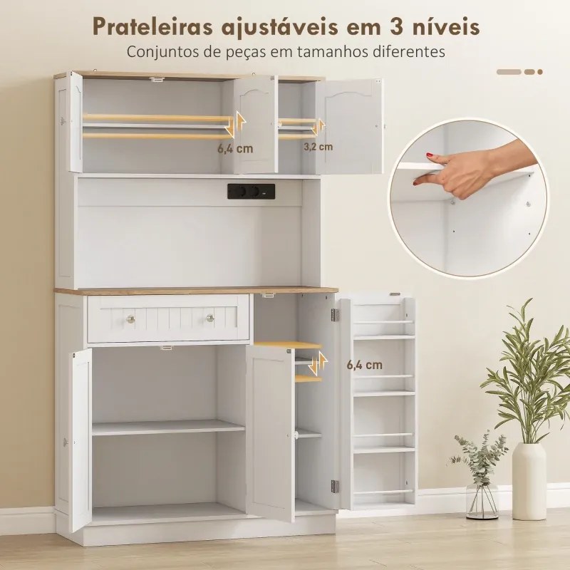 Armário de Cozinha Alto com Estação de Carregamento 6 Portas 1 Gaveta Prateleiras Ajustáveis 4 Prateleiras 100x40x173 cm Branco
