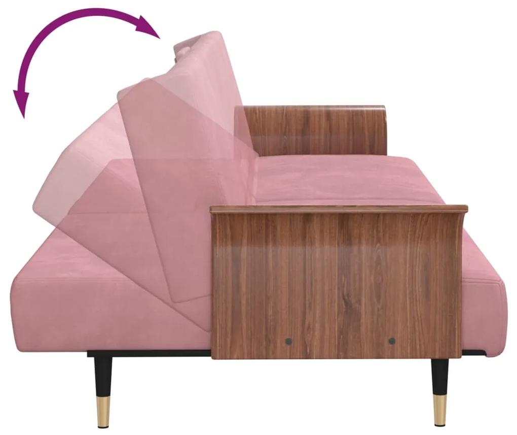Sofá-cama com suporte para copos veludo rosa