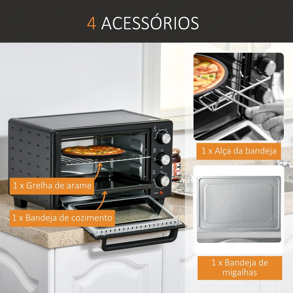 Mini Forno Elétrico 21L 1400W com Temporizador até 60min e Temperatura Ajustável até 230℃ 46x38,5x29 cm Preto