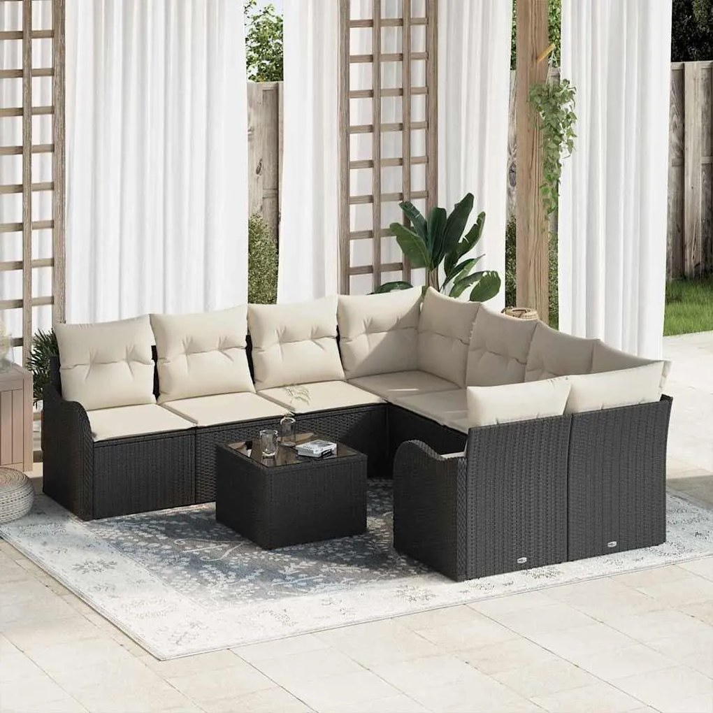 vidaXL Conjunto de Sofá de Jardim com almofada 9 pcs Preto e Creme