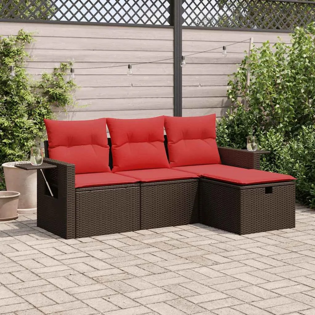 4 pcs conjunto sofás de jardim c/ almofadões vime PE castanho