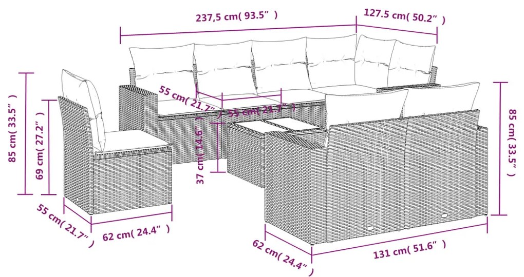 9 pcs conjunto de sofás p/ jardim c/ almofadões vime PE preto