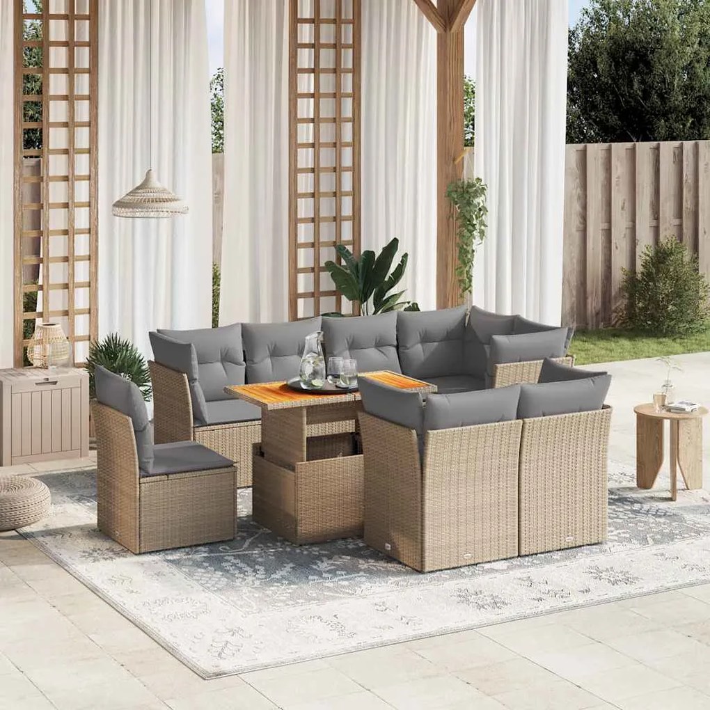 vidaXL 9 pcs conjunto de sofás p/ jardim com almofadões vime PE bege