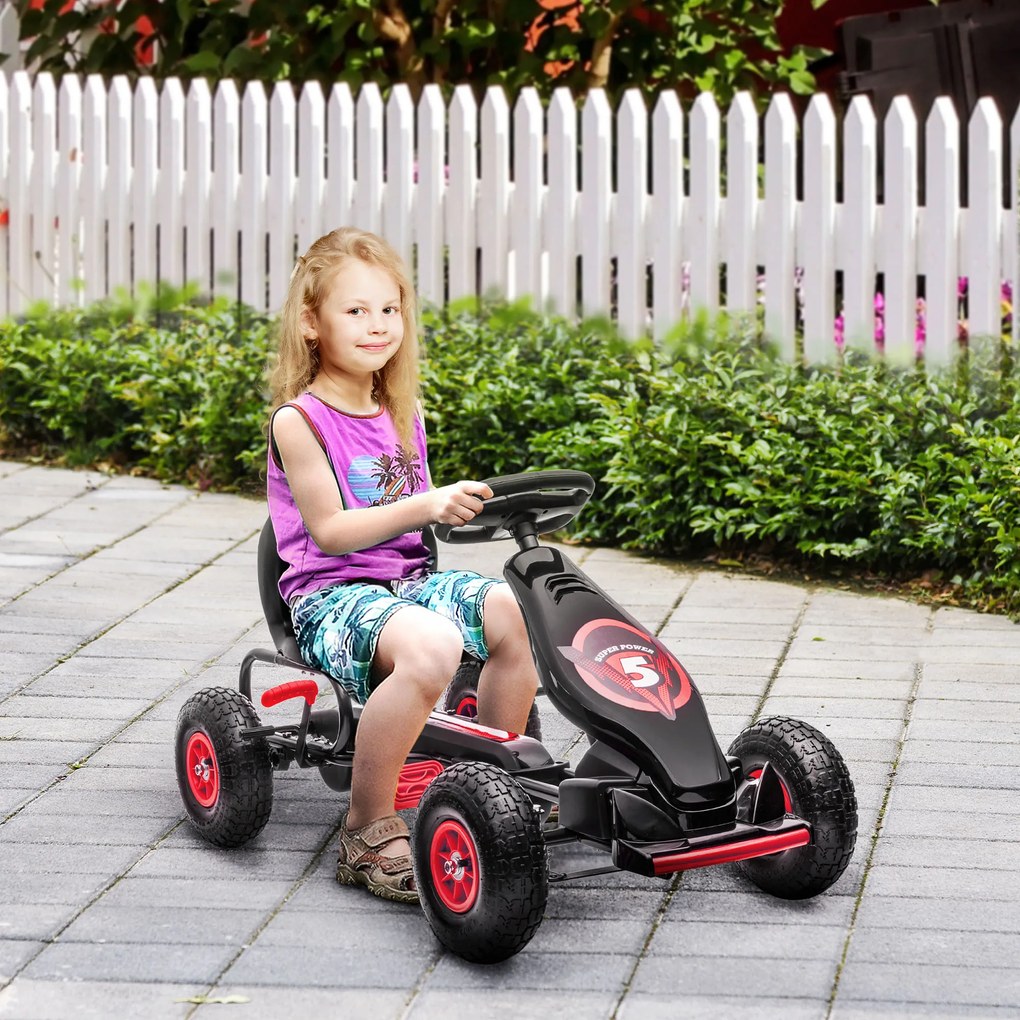 HOMCOM Kart a Pedais para Crianças 5-12 Anos Kart a Pedais Infantil com Assento Ajustável Pneus Insufláveis Amortecimento e Travão de Mão Carga Máx. 50kg 121x58x61cm Vermelho
