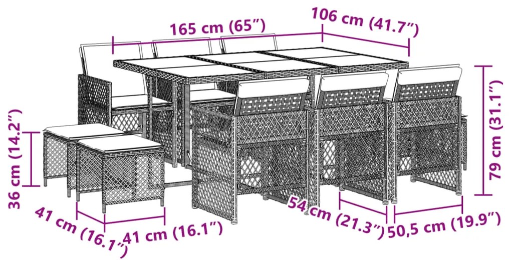 11 pcs conjunto jantar p/ jardim c/ almofadões vime PE cinzento