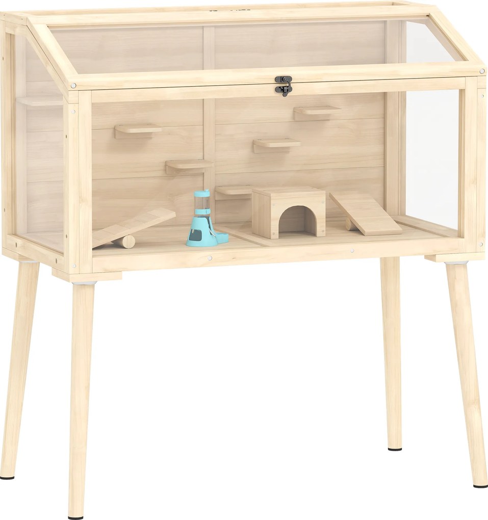 PawHut Gaiola para hamster habitat para roedor madeira FSC teto abrível 7 plataformas 2 gangorras 110x52x101cm efeito madeira natural | Aosom Portugal