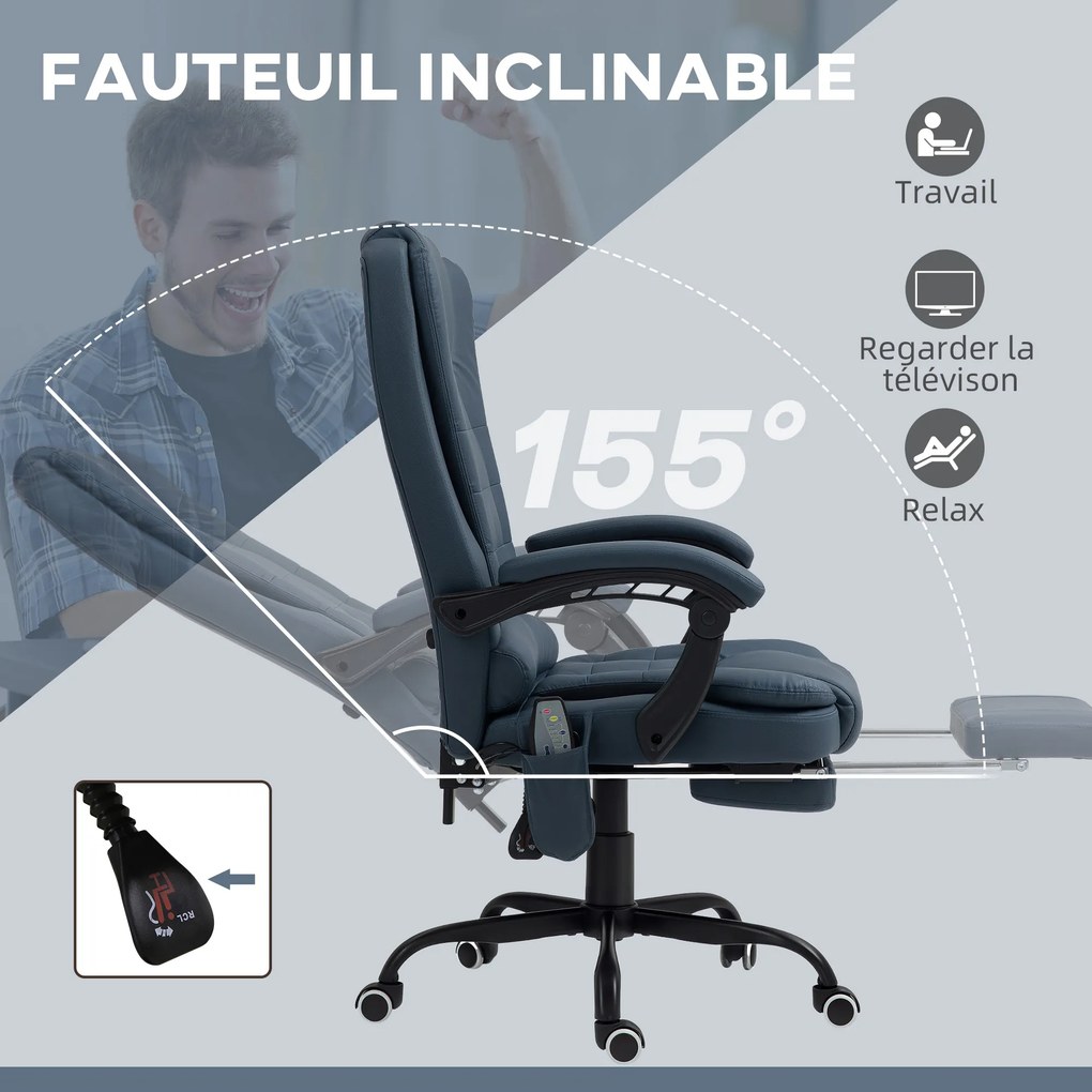Cadeira de escritório com função de massagem, altura ajustável, encosto reclinável e comando com fio, azul