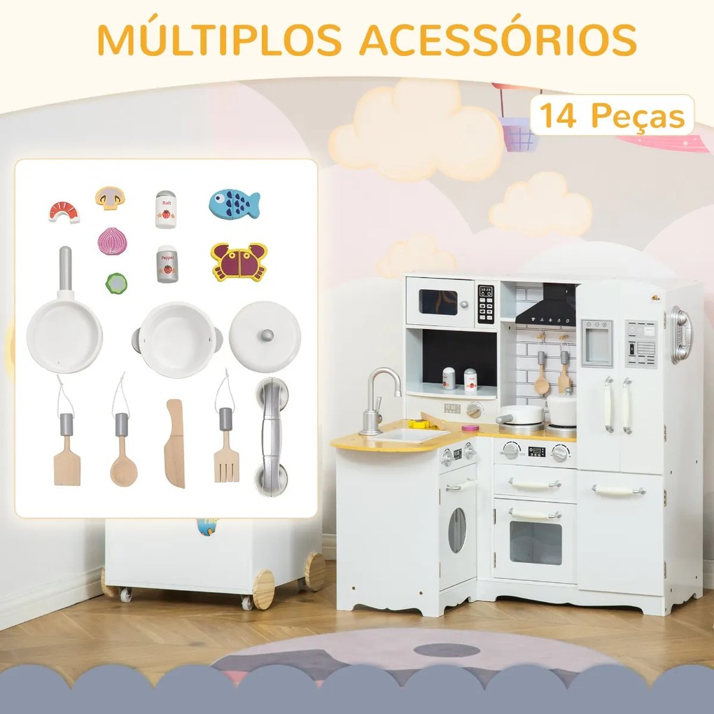 Cozinha Infantil de Madeira para Crianças acima de 3 Anos com Sons 14 Acessórios Cozinha Infantil com Telefone Lavatório Microondas e Grifo 82x65x87cm