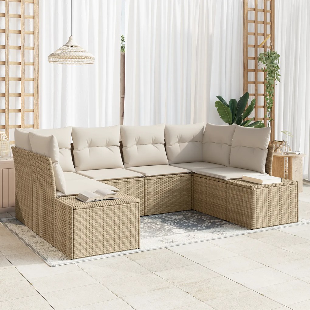 Conjunto de Sofá de Jardim de 6 Peças com Almofadas em Rattan Bege