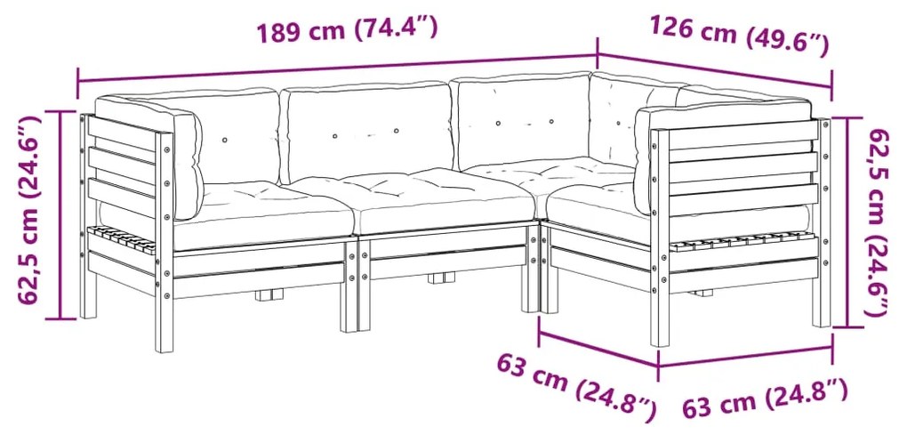 4 pcs conjunto sofás p/ jardim com almofadões pinho impregnado