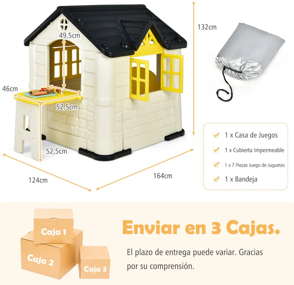 Casa de Brincar Infantil com Janelas Porta Dupla com 7 Brinquedos Interior/exterior Cobertura impermeável 164 x 124 x 132 cm Amarela