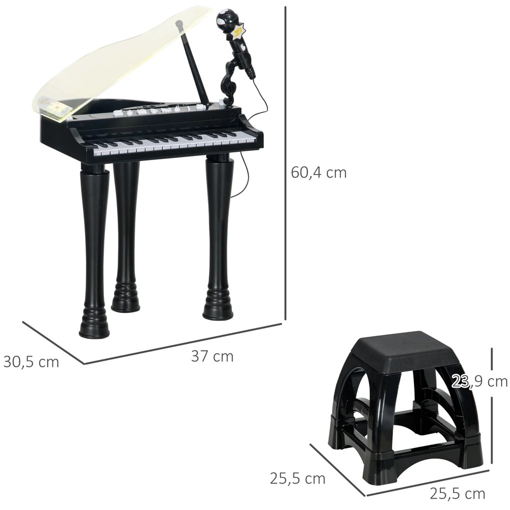Piano Eletrónico para Crianças com 32 Teclas Microfone banco Luzes 22 Músicas 4 Tons e Volume Ajustável 37x30,5x60,4 cm Preto