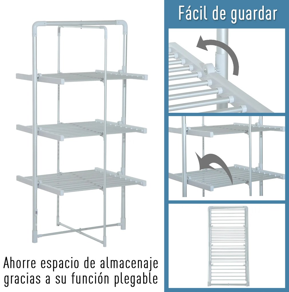 HOMCOM Varal Elétrico Dobrável 3 níveis Secador de roupa com 30 barras de alumínio quente 73x67x144cm