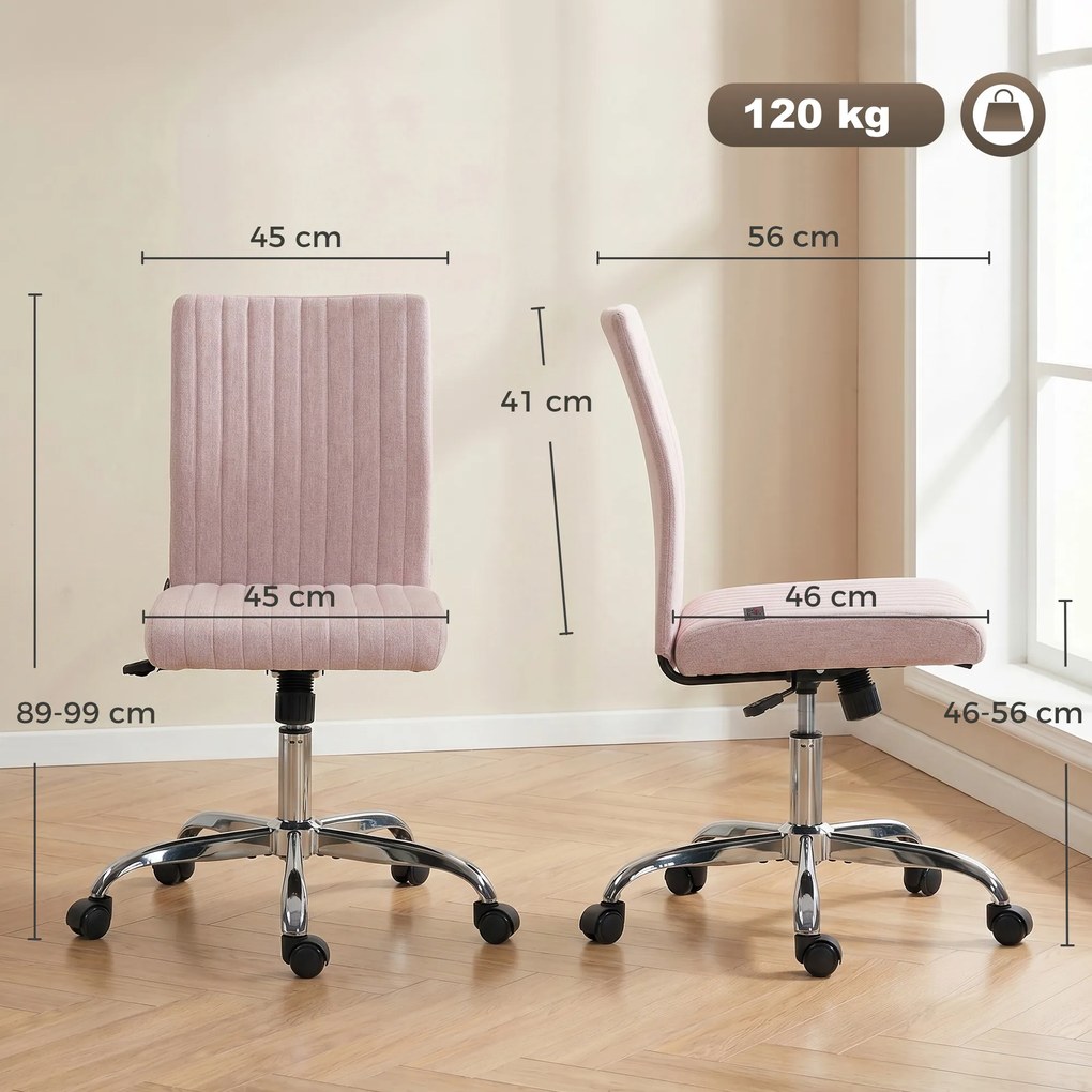 Cadeira de escritório sem braços, cadeira de escritório, altura ajustável e giratória a 360°, 43 x 56 x 89-99 cm, rosa