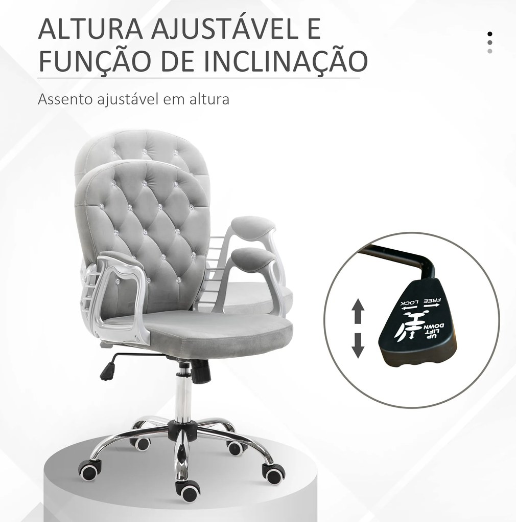 Cadeira de Escritório Estofada em Veludo Cadeira Giratória com Altura Ajustável e Decorações de Cristal 59,5x60,5x95-105 cm Cinzenta