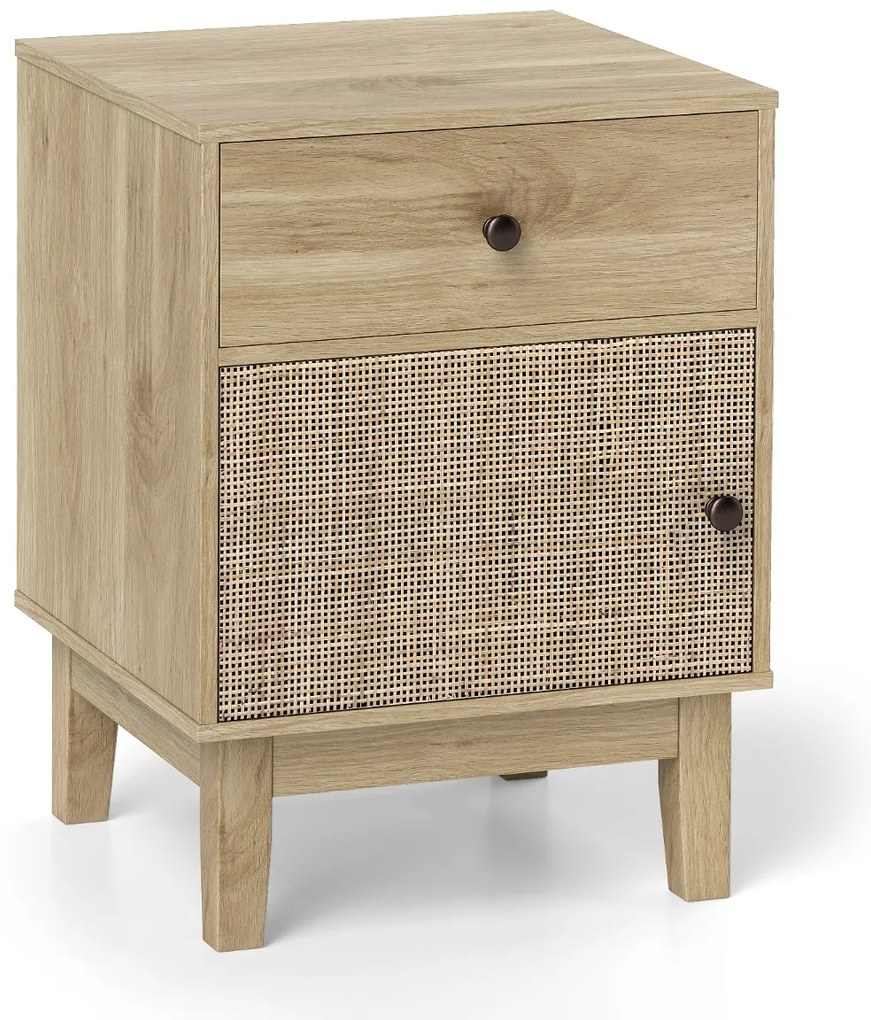Mesa de cabeceira, Mesa apoio em rattan moderna 40 x 39 x 55 cm com gaveta e armário Boho com pés em madeira maciça para quarto Natural