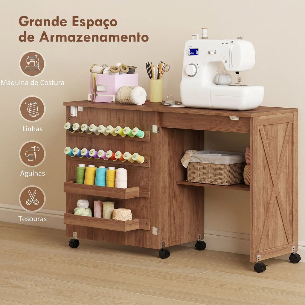 Mesa para Máquina de Costura Dobrável com Porta Magnética, 2 Compartimentos, Prateleira, 18 Suportes para Linhas e 5 Rodas, Castanho