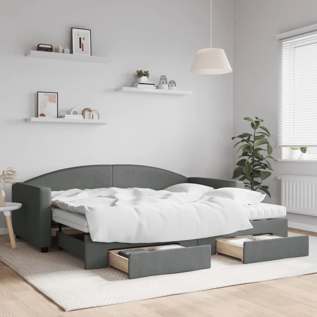 vidaXL Sofá-cama c/ gavetão e gavetas 90x200 cm tecido cinzento-escuro