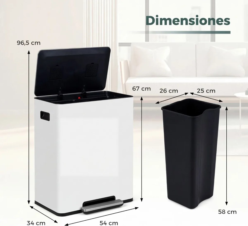 Cubo do lixo de 60 L para cozinha 54 x 34 x 67 cm com 2 compartimentos, tampa com pedal e alças laterais branco