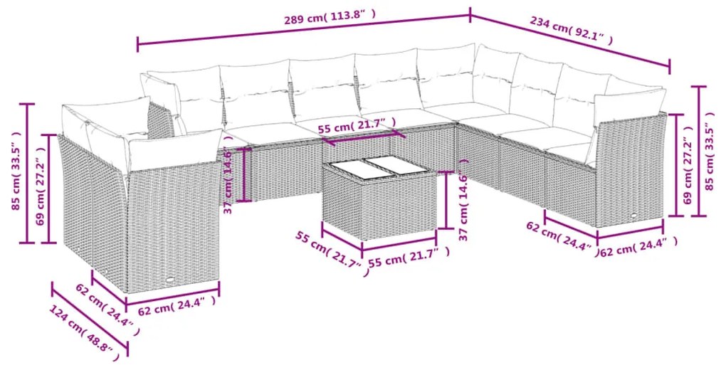 11 pcs conjunto sofás de jardim c/ almofadões vime PE cinzento