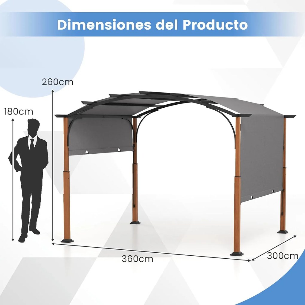 Pérgola de metal em arco retrátil com Toldo retrátil  360 x 300 cm Cinzento