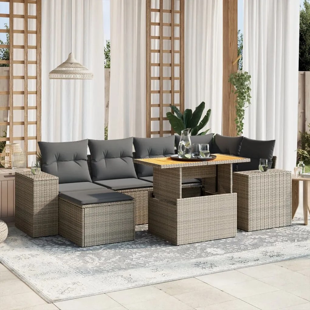 vidaXL 7 pcs conjunto sofás p/ jardim c/ almofadões vime PE cinzento